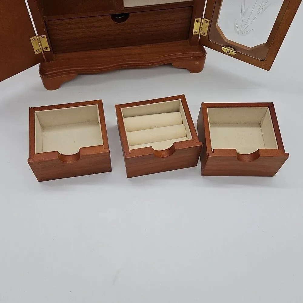 Vtg Wood Jewelry Box Armoire Chest Etched Floral Glass Door Light Oak 11